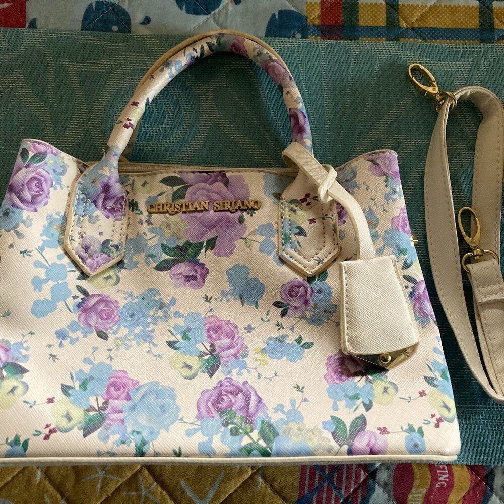 CHRISTIAN SIRIANO BLUE AND PURPLE FLORAL PRINT HANDBAG